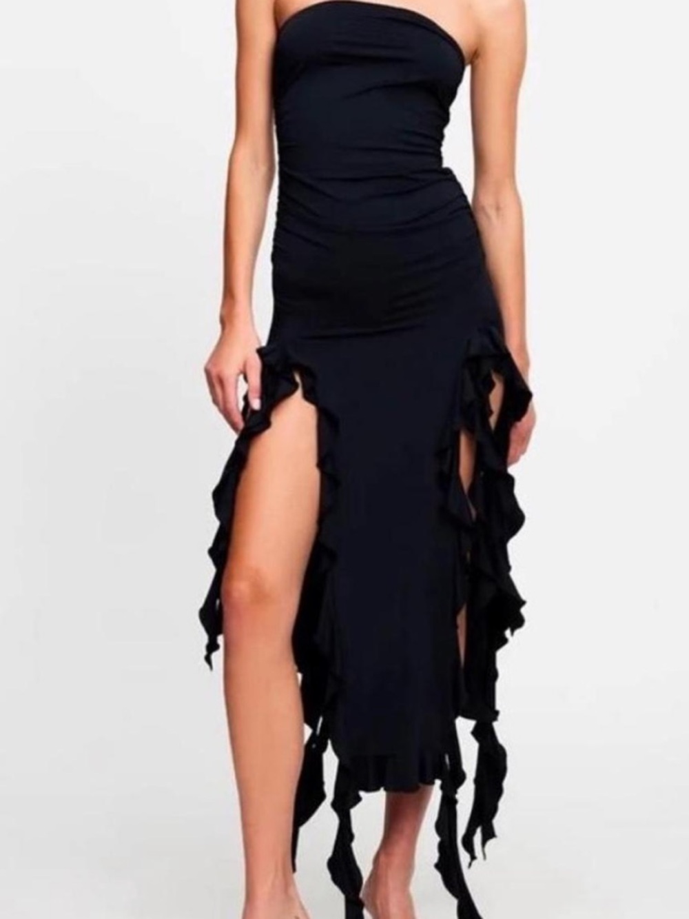 Lioness Black One-Shoulder Ruffle High-Slit Dress